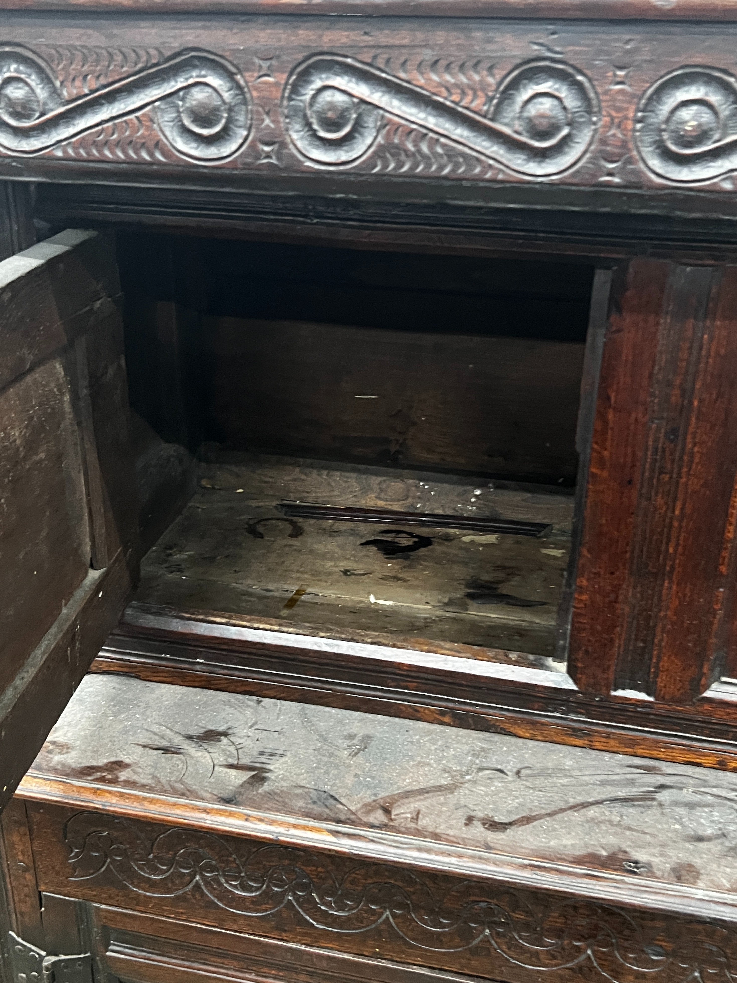 A 17th century oak court cupboard, width 139cm, depth 57cm, height 146cm *Please note the sale commences at 9am.